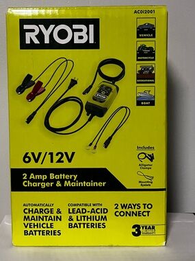RYOBI 6V/12V 2 Amp Battery Charger & Maintainer - Yellow/Black